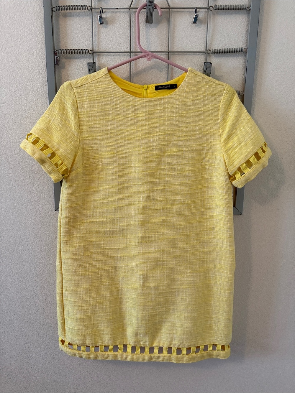 Yellow Tweed Short Sleeve vintage mini dress Size XS with Cutout Trim